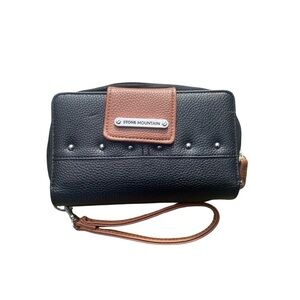 Stone Mountain Cognac and black leather wristlet clutch new